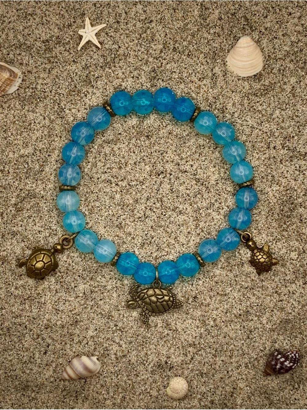 Blue Beaded Turtle Trio Charm Bracelet - Women's Jewelry